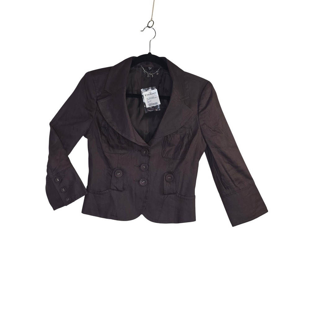 Bebe NWT! SZ4 Curve Vintage Linen Blazer Brown Cropped‎ Peplum Jacket  RareFind